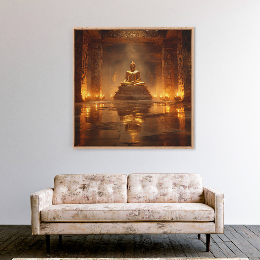 Golden Buddha Temple Wall Art, Serene Zen Statue Framed Canvas Print, Meditation Room Decor, Spiritual Asian Inspired Home Decor