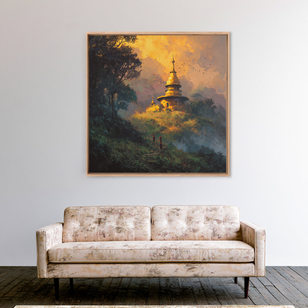 Golden Temple On Hill With Monks Walking Misty Path Wall Art Framed Canvas Print For Spiritual Home Decor