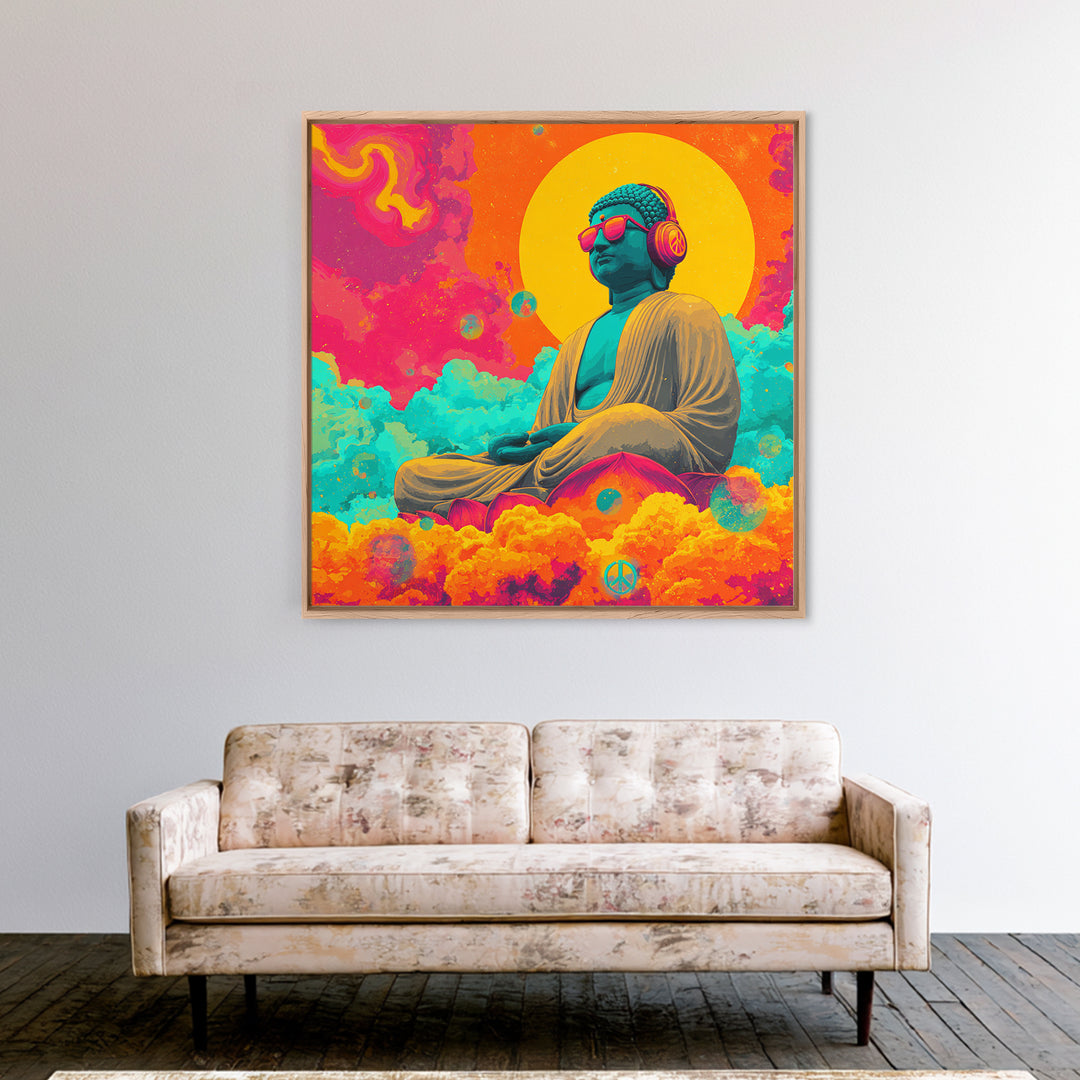 Psychedelic Buddha With Headphones Wall Art Canvas Print Colorful Spiritual Zen Decor Meditation Art
