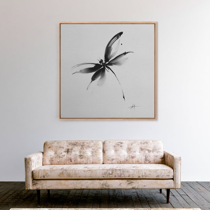 Black And White Ink Butterfly Minimalist Wall Art, Modern Abstract Brushstroke Print, Elegant Monochrome Framed Canvas