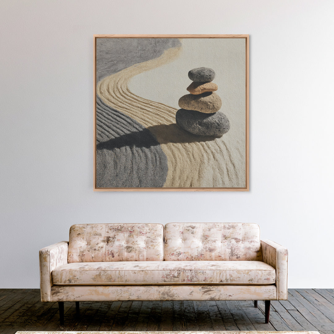 Zen Stones In Raked Sand Minimalist Wall Art, Neutral Abstract Canvas Print For Calming Modern Home Decor Living Room