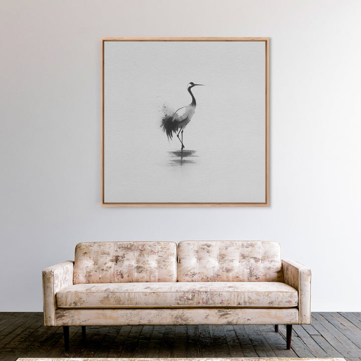 Minimal Japanese Crane Ink Wall Art, Black And White Bird Painting Canvas Print, Zen Nature Decor For Modern Home
