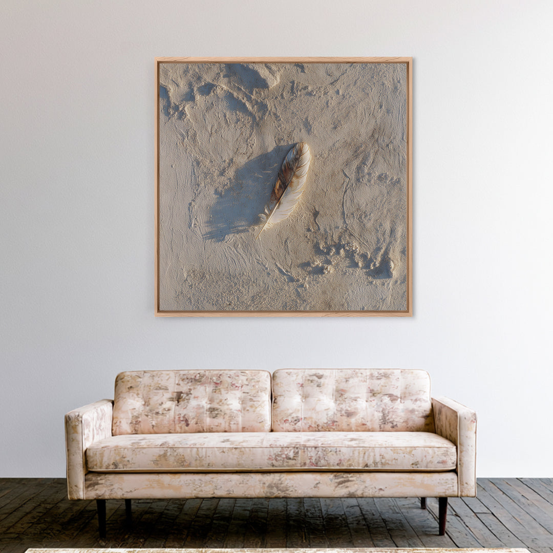 Minimal Feather In Sand Photography Wall Art, Neutral Beach Print, Coastal Wall Decor, Scandinavian Minimalist Home Decor