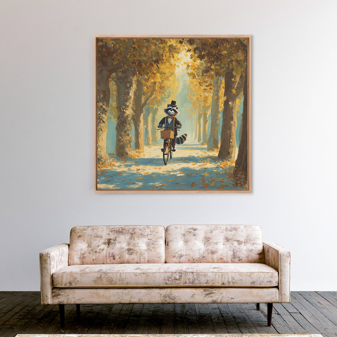 Whimsical Raccoon Riding Bicycle Wall Art, Cozy Autumn Woodland Animal Painting, Storybook Nursery Decor, Cute Kids Room Art