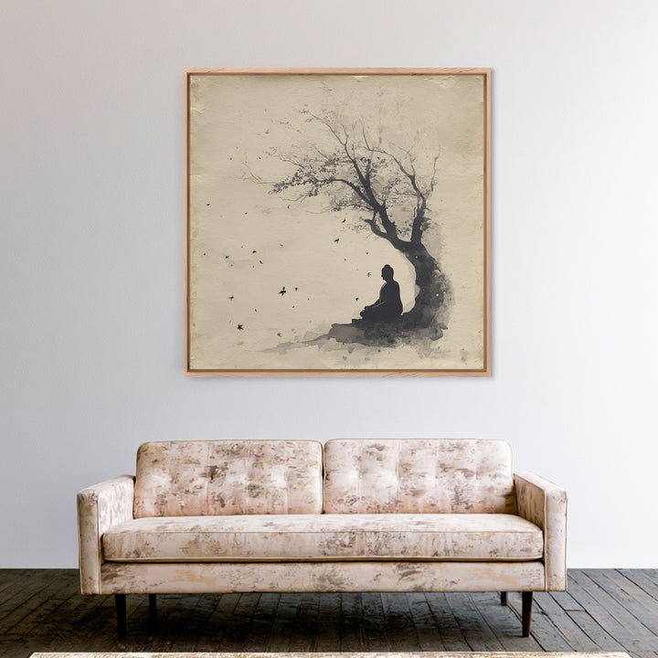Calm Minimalist Ink Style Buddha Silhouette Under Tree Tranquil Wall Art Canvas Print Meditation Room Décor