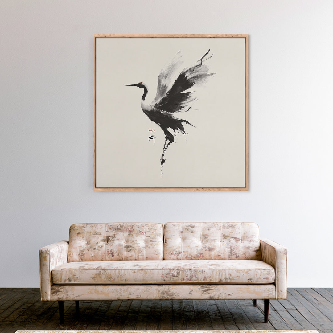 Japanese Ink Crane Bird Wall Art, Minimal Black And White Animal Canvas Print, Zen Japandi Home Decor