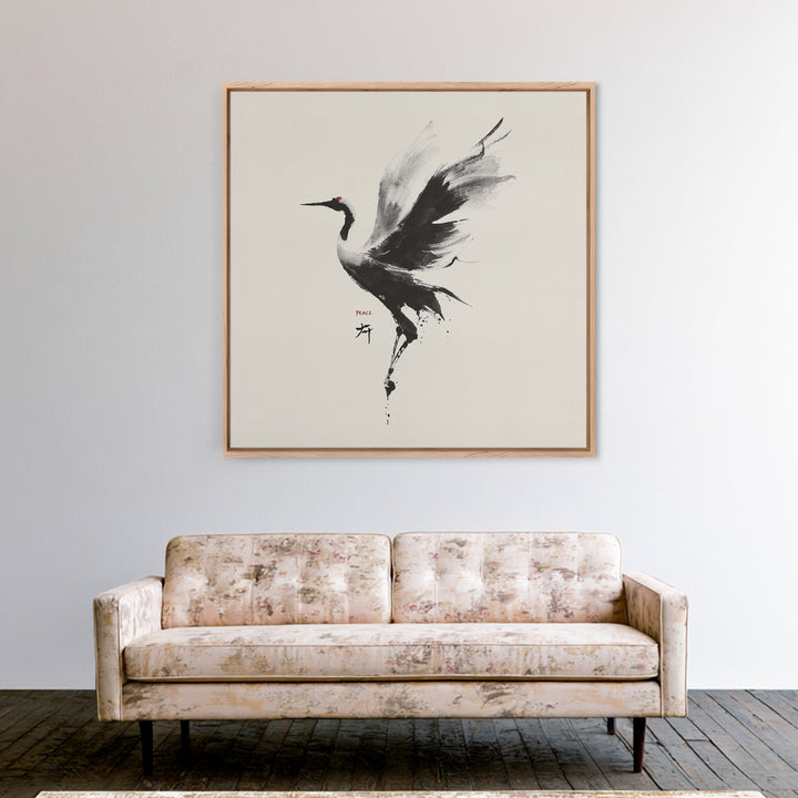 Japanese Ink Crane Bird Wall Art, Minimal Black And White Animal Canvas Print, Zen Japandi Home Decor