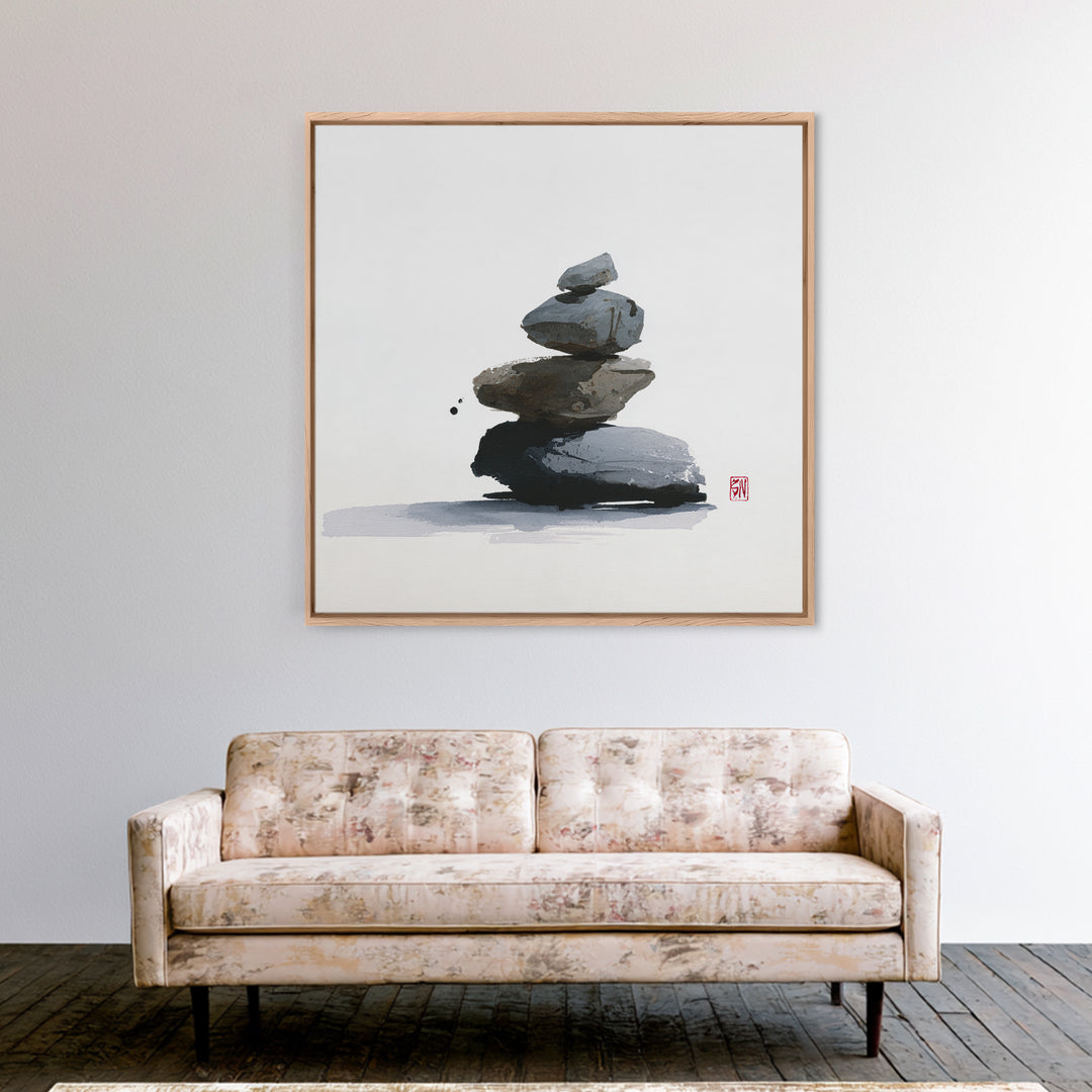 Minimal Zen Rock Stack Wall Art, Japanese Ink Stone Balance Canvas Print, Calm Japandi Home Decor