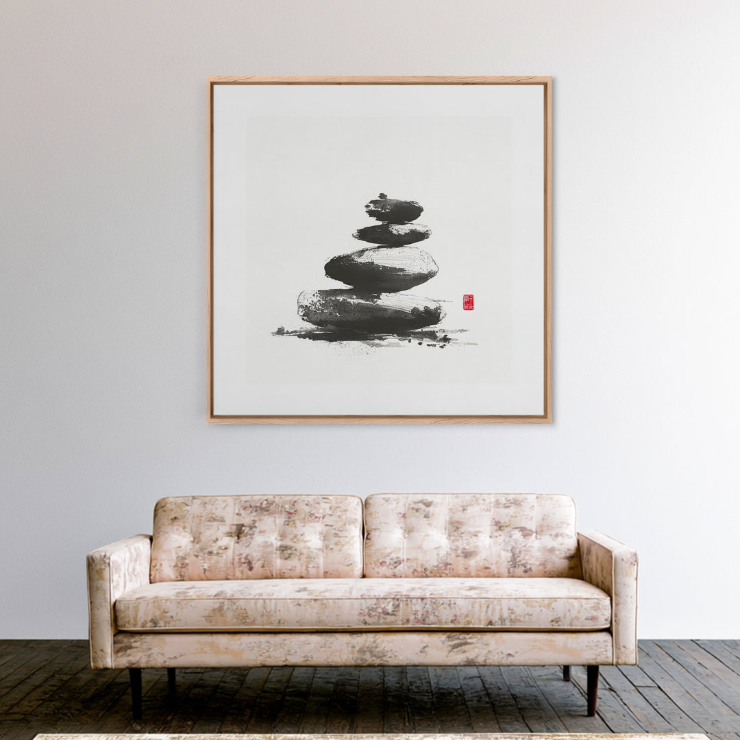 Zen Stone Stack Wall Art, Minimal Japanese Ink Rock Painting Canvas Print, Calming Spa Bathroom And Yoga Decor