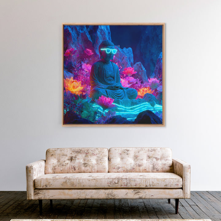 Neon Buddha Lotus Garden Canvas Print, Glowing Meditation Wall Art, Psychedelic Spiritual Decor For Yoga Room Or Boho Home