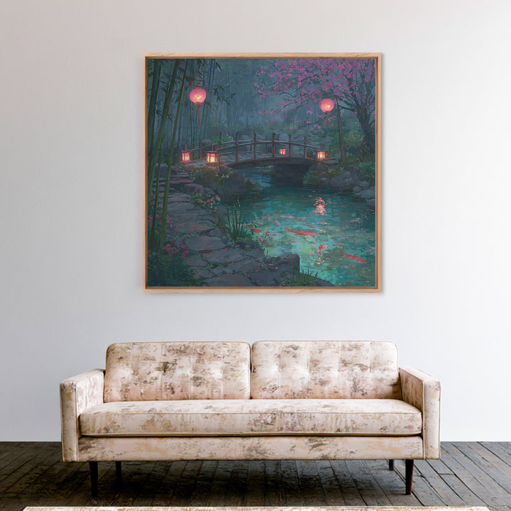 Serene Japanese Garden With Koi Fish And Lanterns Wall Art For Tranquil Home Decor Framed Canvas Print