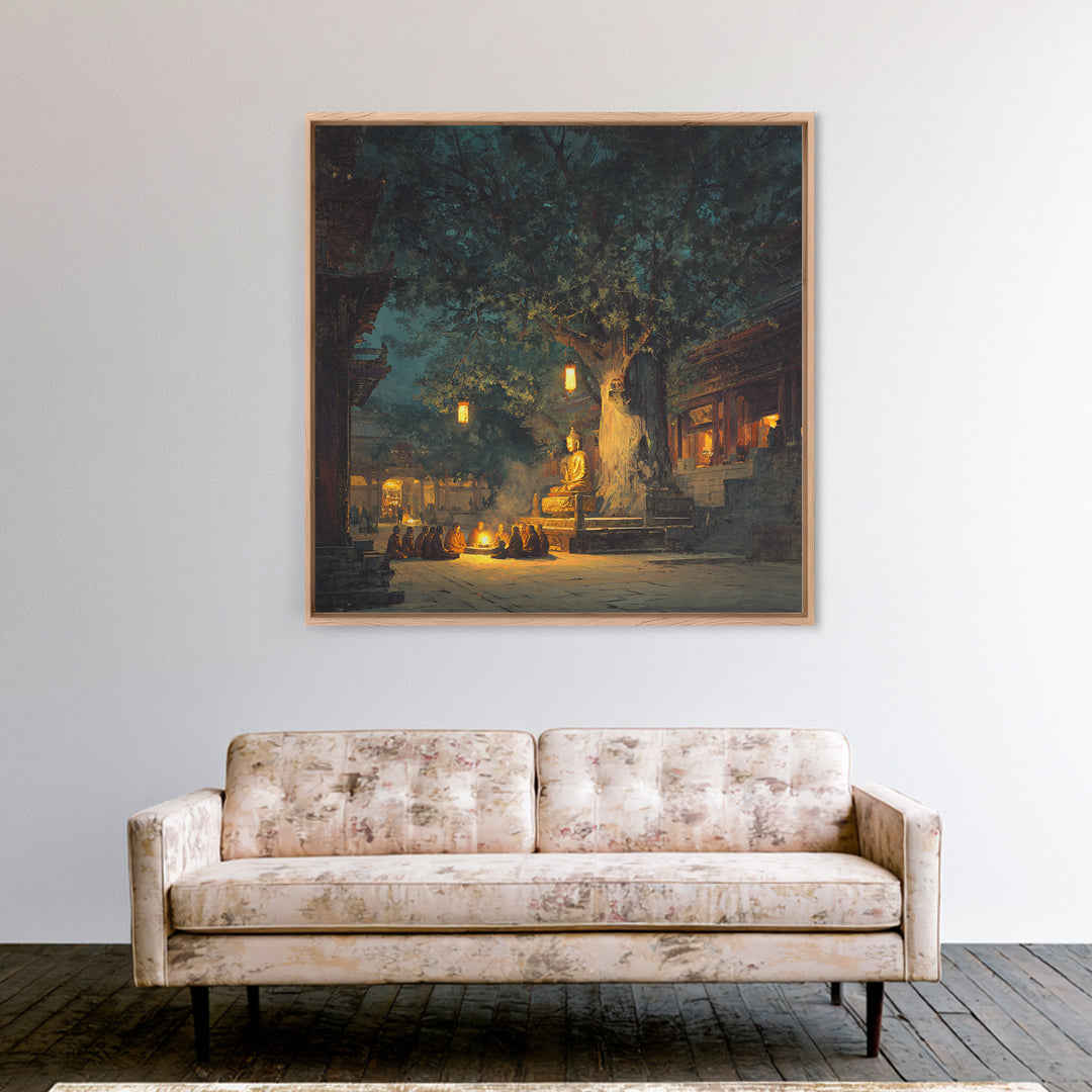 Moonlit Temple Gathering Wall Art, Mystical Night Buddha Landscape Canvas Print, Moody Spiritual Home Decor