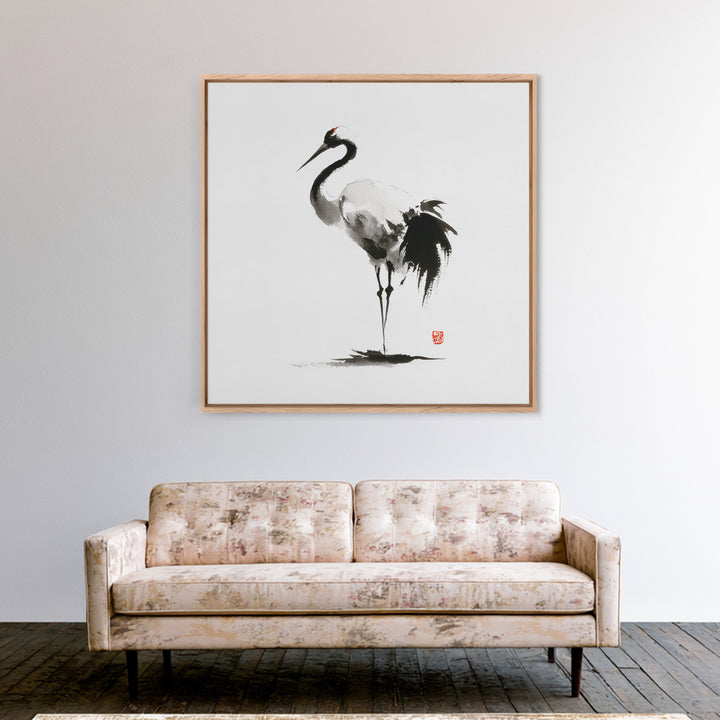 Minimalist Crane Ink Painting Wall Art Print, Japanese Zen Decor, Black And White Art, Japandi Wall Art, Modern Home Decor