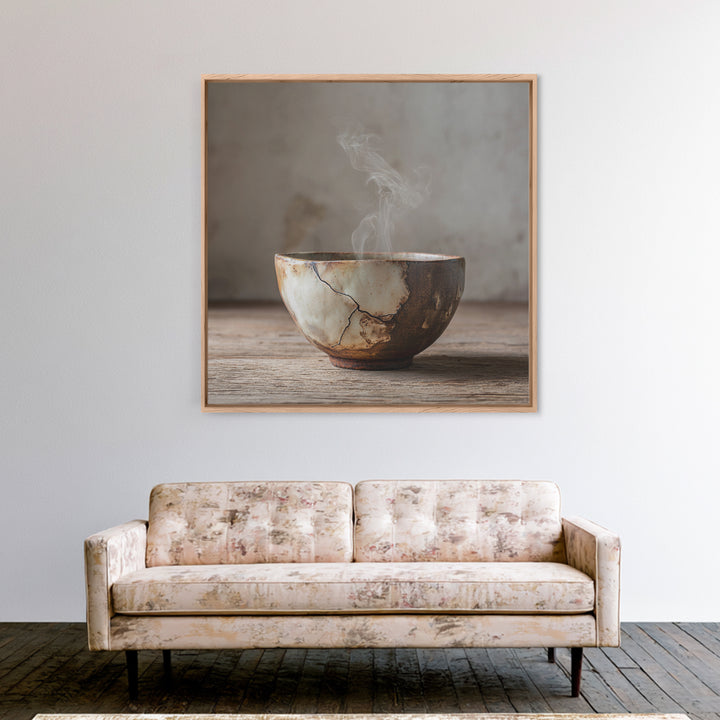 Wabi Sabi Ceramic Tea Bowl Wall Art, Rustic Japanese Canvas Print, Minimal Neutral Kitchen Decor, Organic Modern Home Wall Art