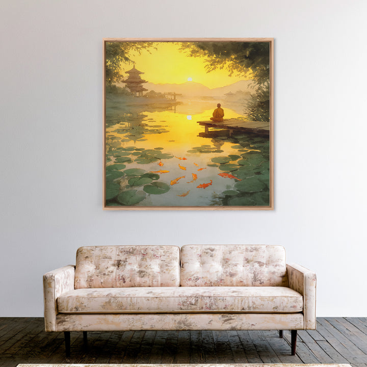 Golden Sunset Zen Lake With Koi And Temple Landscape Wall Art, Peaceful Japanese Decor Framed Canvas Print