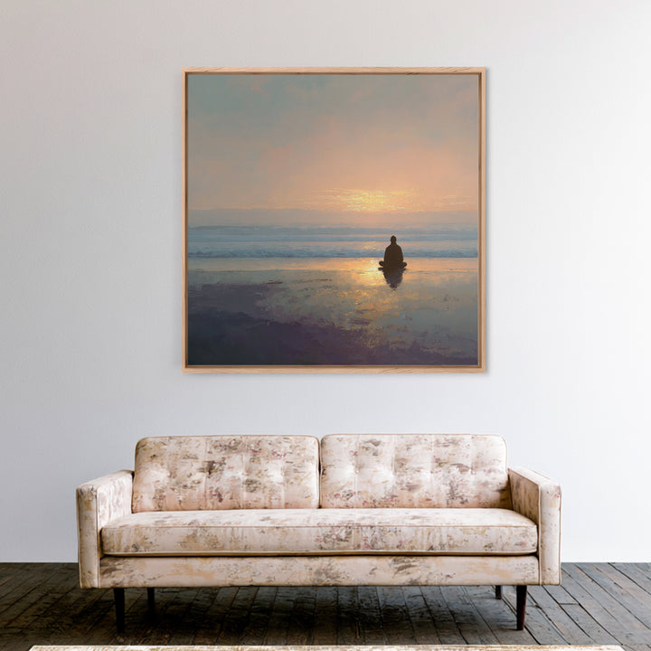 Meditation On Beach At Sunrise Wall Art, Minimalist Zen Seascape Canvas Print For Calming Bedroom Or Yoga Room Decor
