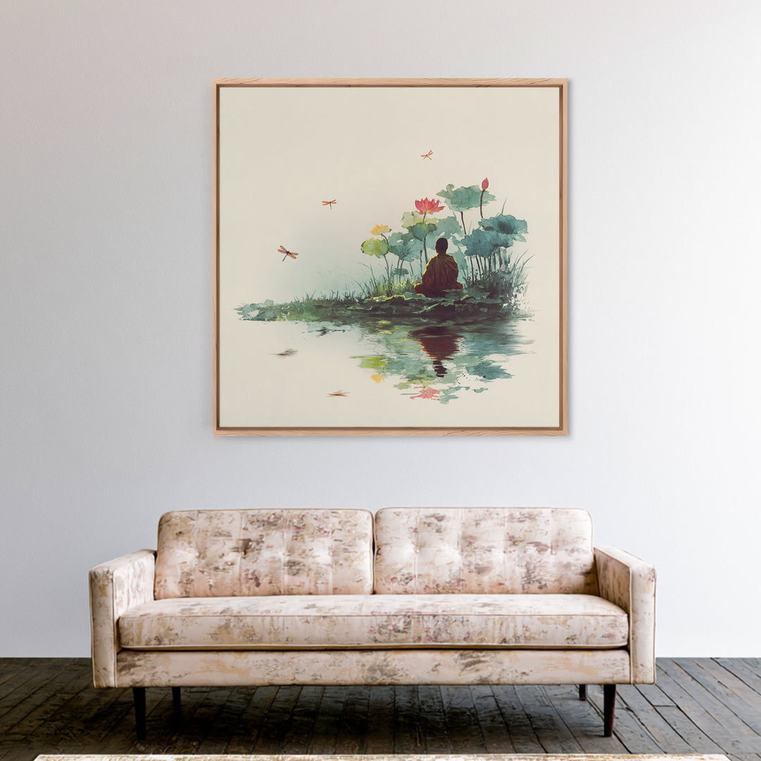 Meditation By Lotus Pond Wall Art, Peaceful Watercolor Landscape, Zen Mindfulness Decor, Yoga Studio Framed Canvas Print