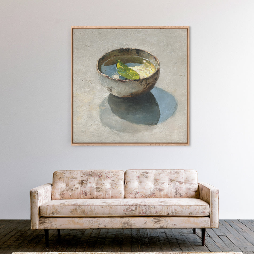 Rustic Tea Bowl Still Life Oil Painting Wall Art, Minimal Kitchen Decor, Neutral Modern Framed Canvas Print