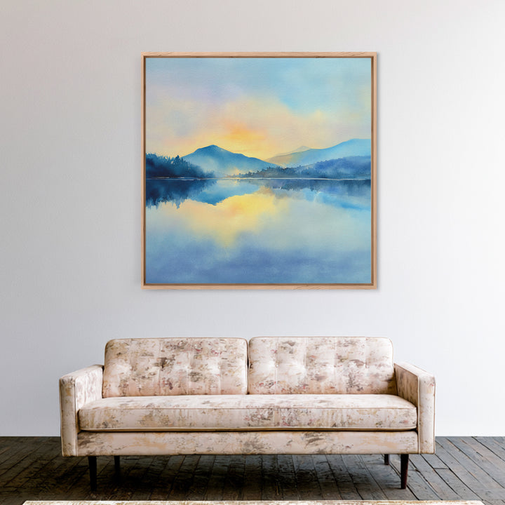 Soft Watercolor Mountain Lake Sunrise Wall Art, Calming Landscape Canvas Print, Serene Bedroom And Living Room Decor