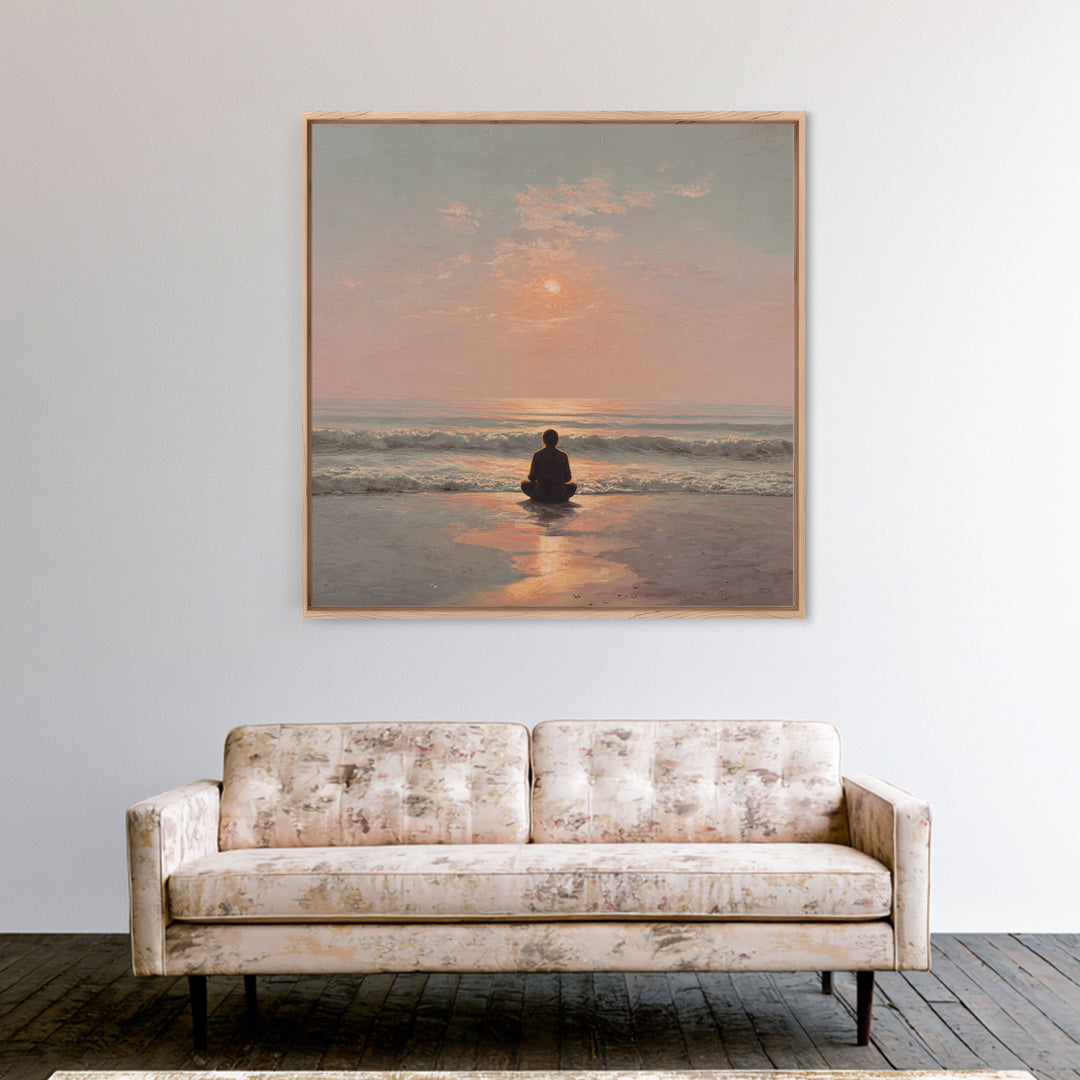 Sunset Beach Meditation Figure Wall Art, Serene Mindfulness Canvas Print, Calming Coastal Zen Bedroom Decor