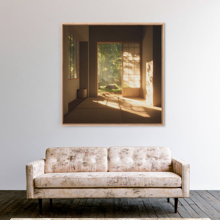 Minimal Japandi Zen Room With Garden View Wall Art, Serene Japanese Interior Framed Canvas Print