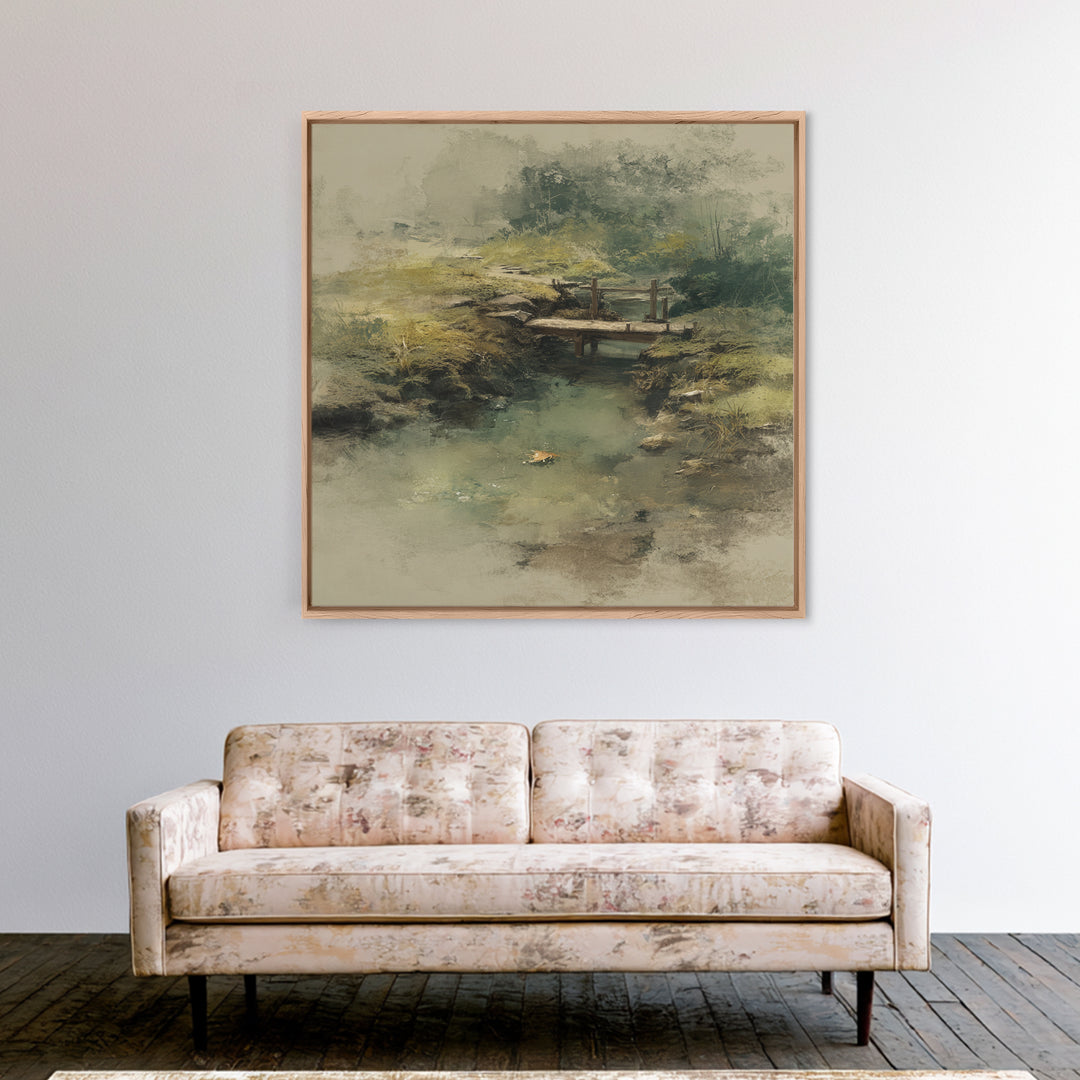 Misty Creek With Wooden Footbridge Watercolor Landscape Wall Art, Soft Nature Painting Print, Calming Home Decor Bedroom Art