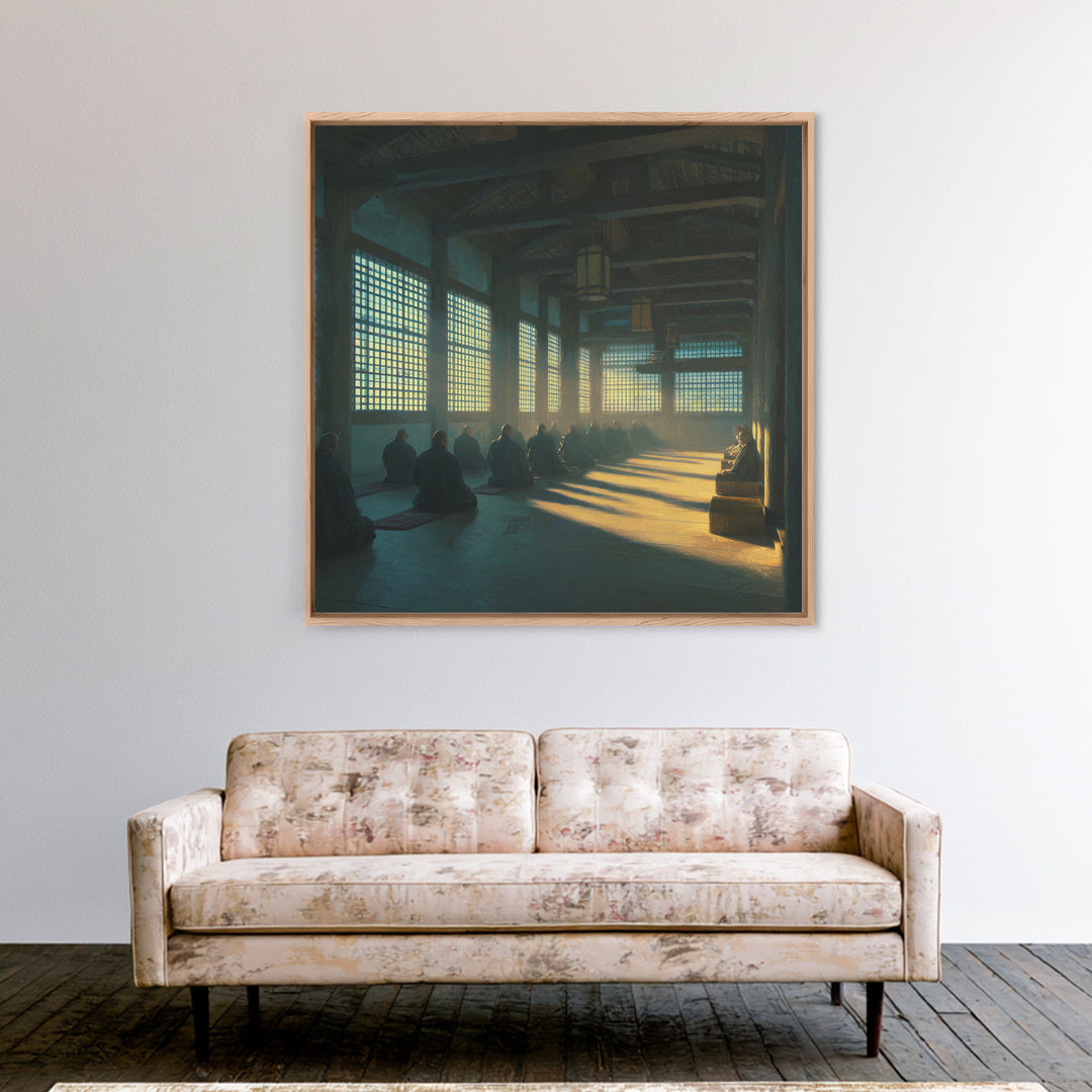 Zen Monastery Meditation Wall Art, Minimalist Monks In Light Print, Calming Spiritual Decor, Wabi Sabi Inspired Artwork For Living Room