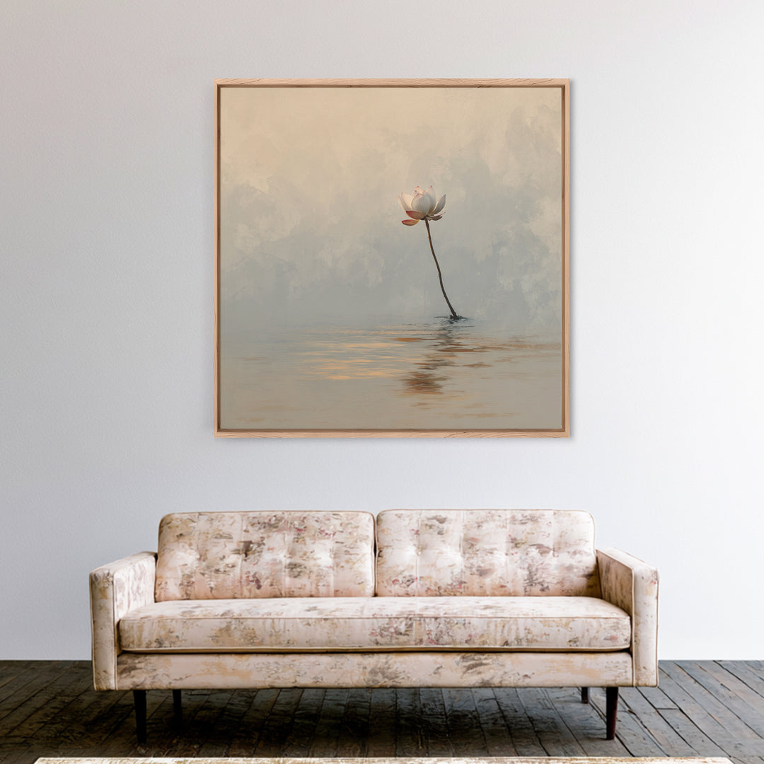 Serene Lotus On Water Minimalist Wall Art, Zen Nature Canvas Print, Calming Neutral Decor, Meditation Room Artwork