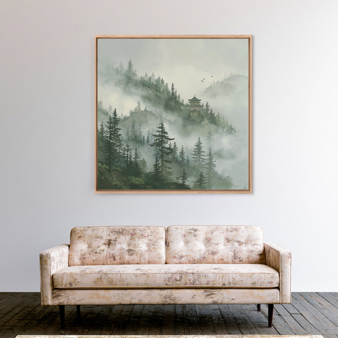 Misty Pine Forest With Distant Temple Painting Wall Art, Tranquil Mountain Landscape Print, Zen Japandi Nature Decor