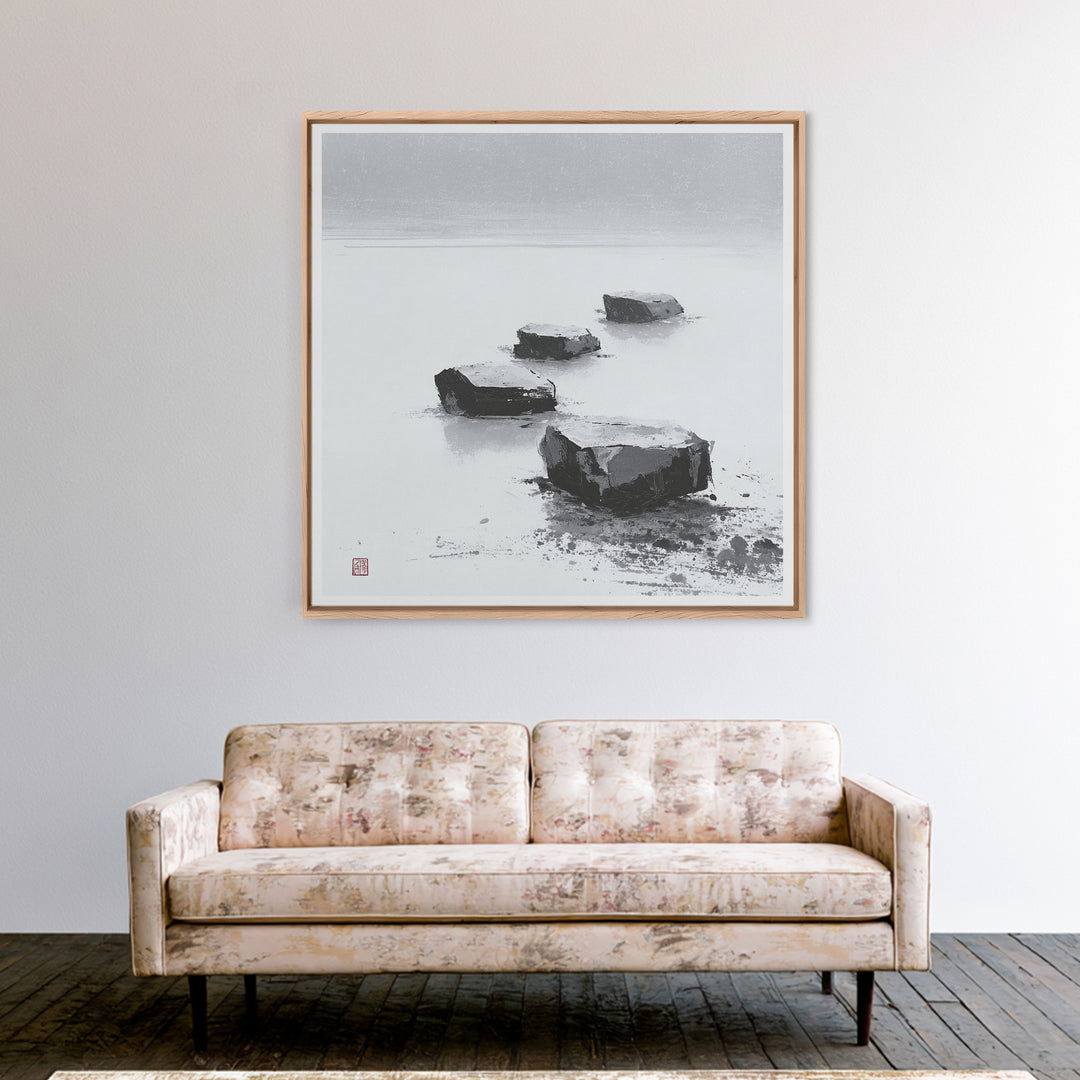 Minimal Zen Stepping Stones Wall Art, Black And White Japanese Canvas Print, Calming Wabi Sabi Decor For Home