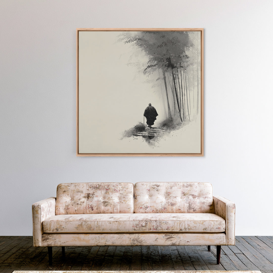 Minimalist Zen Monk Walking In Bamboo Fog Japanese Wall Art Black And White Print Japandi Decor Calming Wabi Sabi Artwork