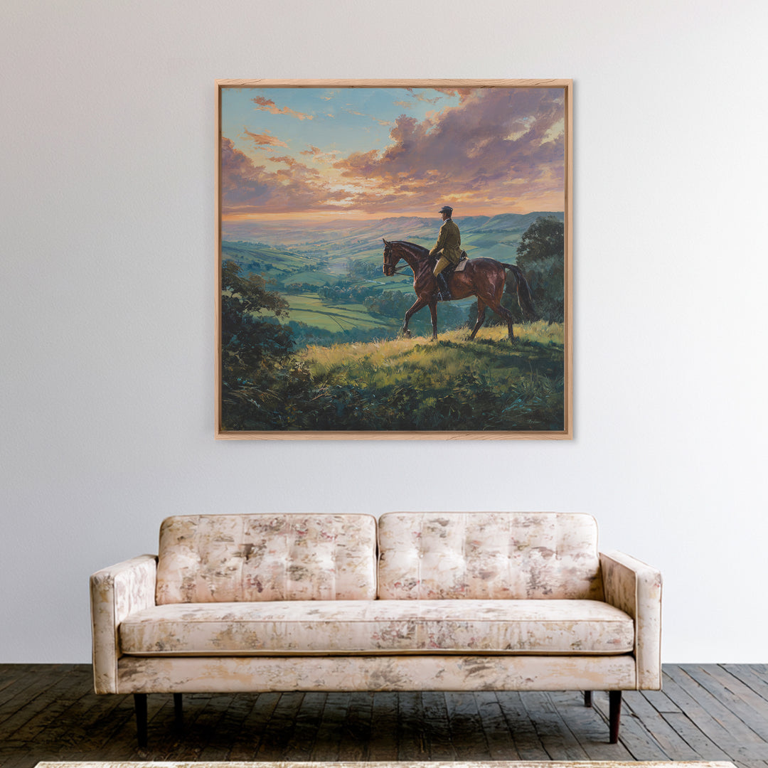 Equestrian Rider Over Rolling Countryside Wall Art, Sunset Landscape Painting, Horse Lover Decor, English Country Wall Art