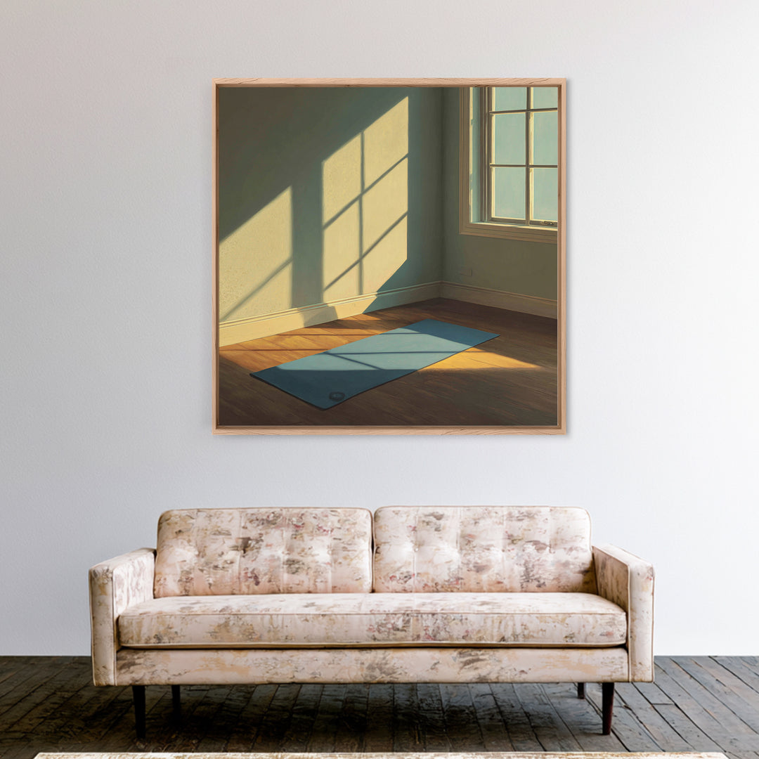 Minimal Sunlit Yoga Mat Wall Art, Serene Morning Light Framed Canvas Print, Mindful Home Decor, Zen Meditation Space