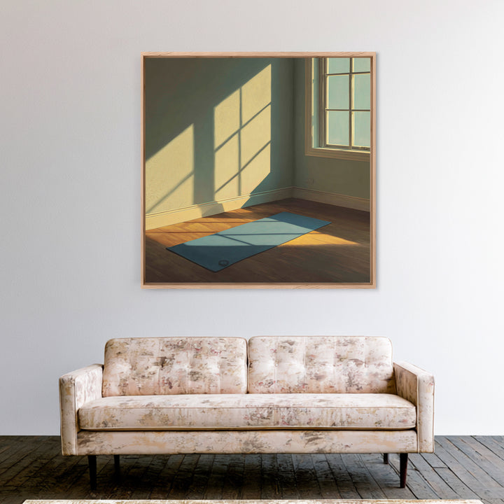Minimal Sunlit Yoga Mat Wall Art, Serene Morning Light Framed Canvas Print, Mindful Home Decor, Zen Meditation Space