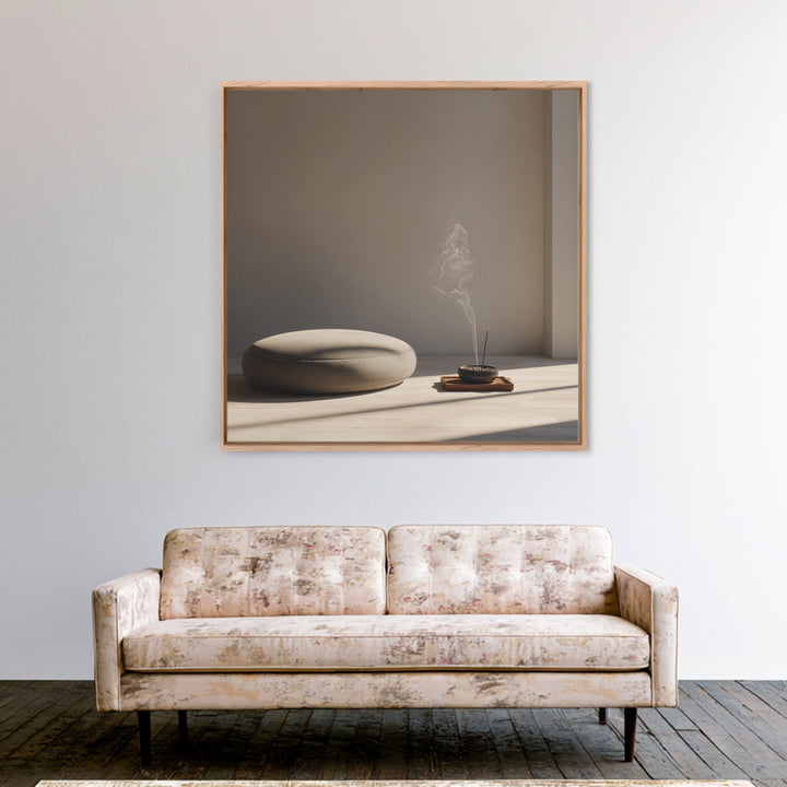 Minimalist Zen Meditation Corner Wall Art, Japandi Style Sunlit Room Photography Print, Calming Neutral Home Decor Bedroom Art