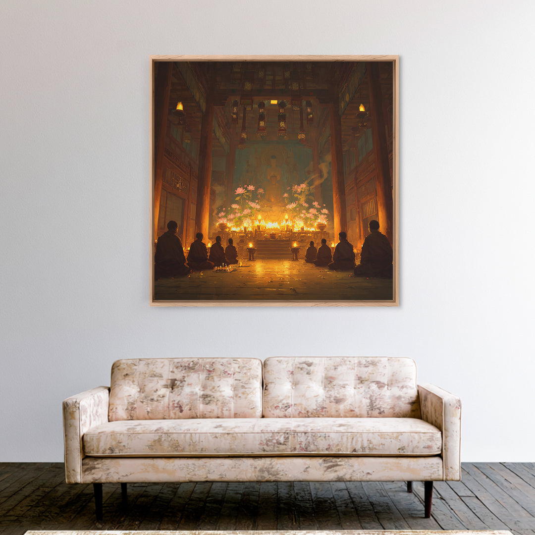 Golden Temple Meditation Wall Art, Monks And Candles Spiritual Print, Zen Decor, Calming Asian Inspired Artwork For Living Room Or Altar