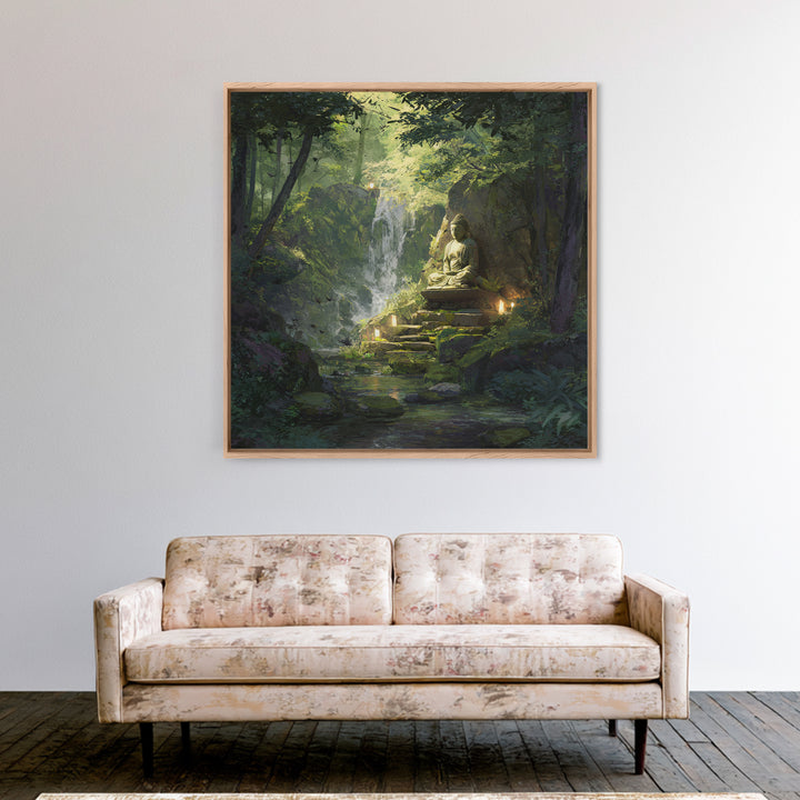 Zen Buddha By Forest Waterfall Wall Art, Tranquil Green Landscape Painting, Meditation Spiritual Decor, Calming Canvas Print