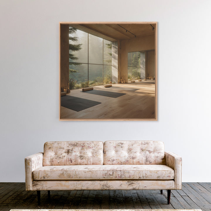 Zen Forest Yoga Studio Interior Wall Art, Serene Meditation Room Framed Canvas Print, Calming Minimalist Home Decor