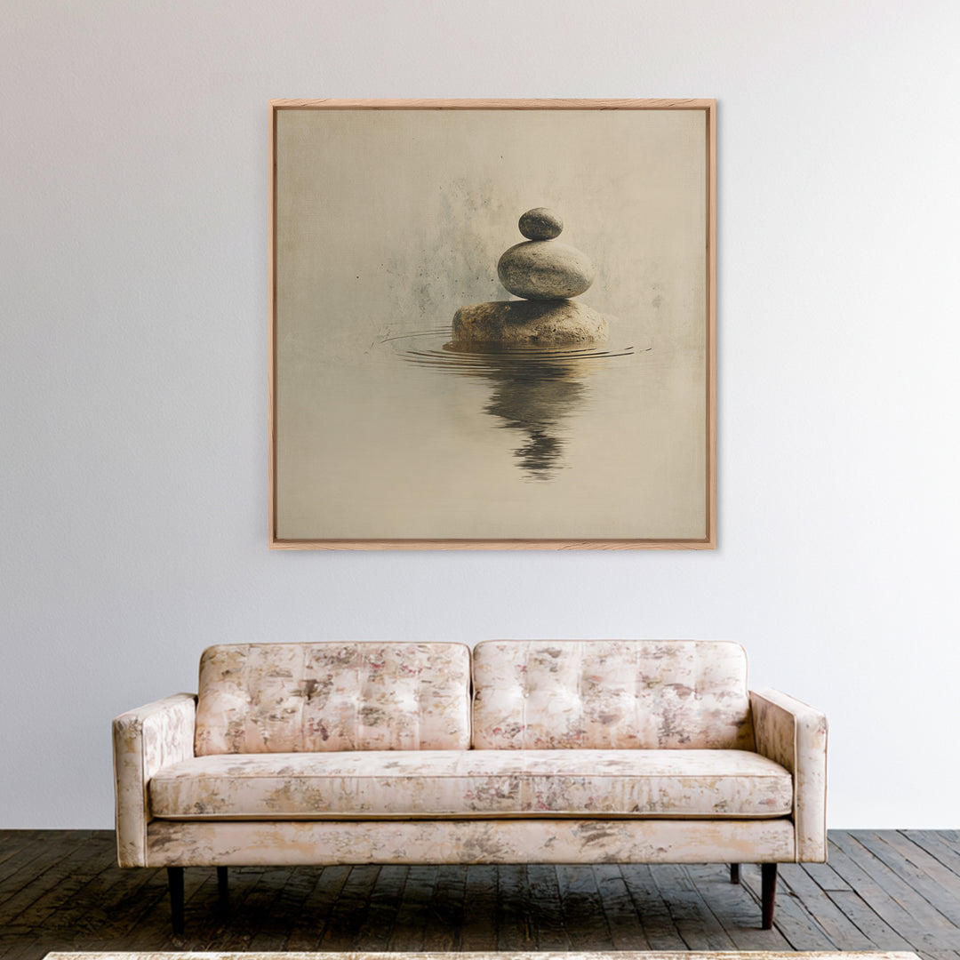 Minimal Zen Rock Stack In Still Water Wall Art, Neutral Japandi Canvas Print, Calming Wabi Sabi Decor For Modern Home