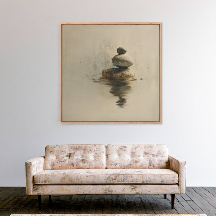 Minimal Zen Rock Stack In Still Water Wall Art, Neutral Japandi Canvas Print, Calming Wabi Sabi Decor For Modern Home