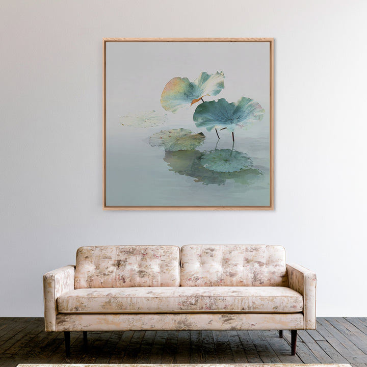 Minimalist Lotus Leaves Over Water Wall Art, Serene Zen Landscape Canvas Print, Japandi Neutral Home Decor