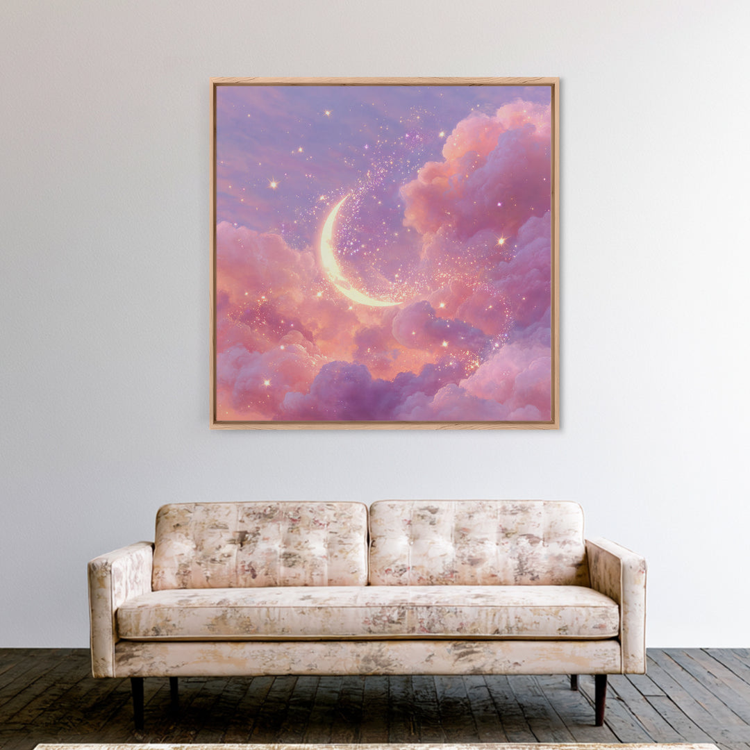 Glowing Crescent Moon In Pink Clouds Wall Art, Celestial Nursery Decor, Dreamy Space Art Print, Whimsical Bedroom Decor Gift