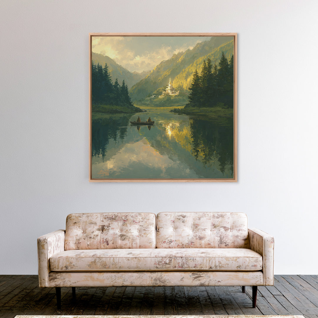 Misty Lake Temple Landscape Wall Art, Tranquil Boat Mountain Canvas Print, Serene Zen Nature Decor For Bedroom Or Living Room