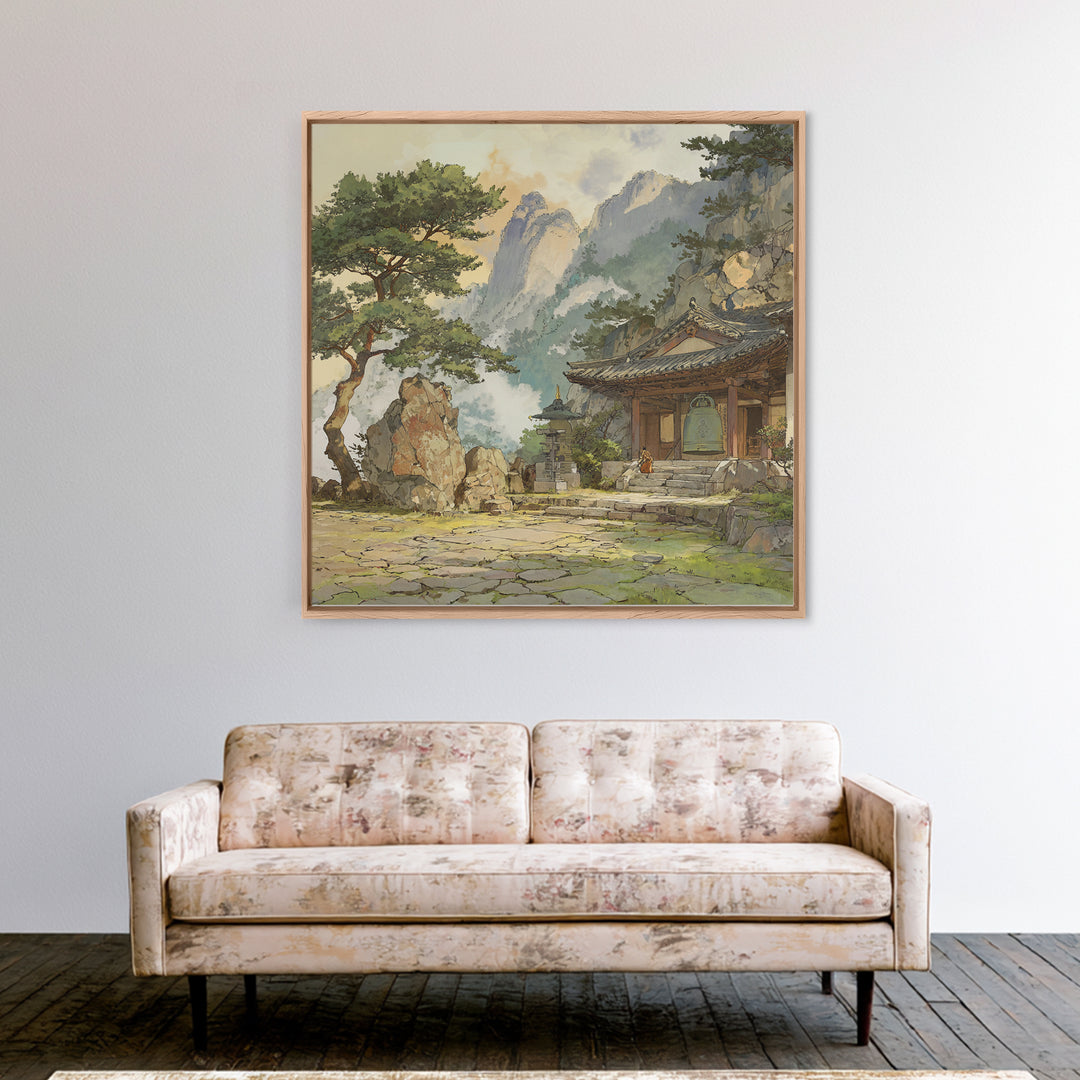 Japanese Landscape With Traditional Temple And Pine Trees Vintage Style Wall Art Framed Canvas Print