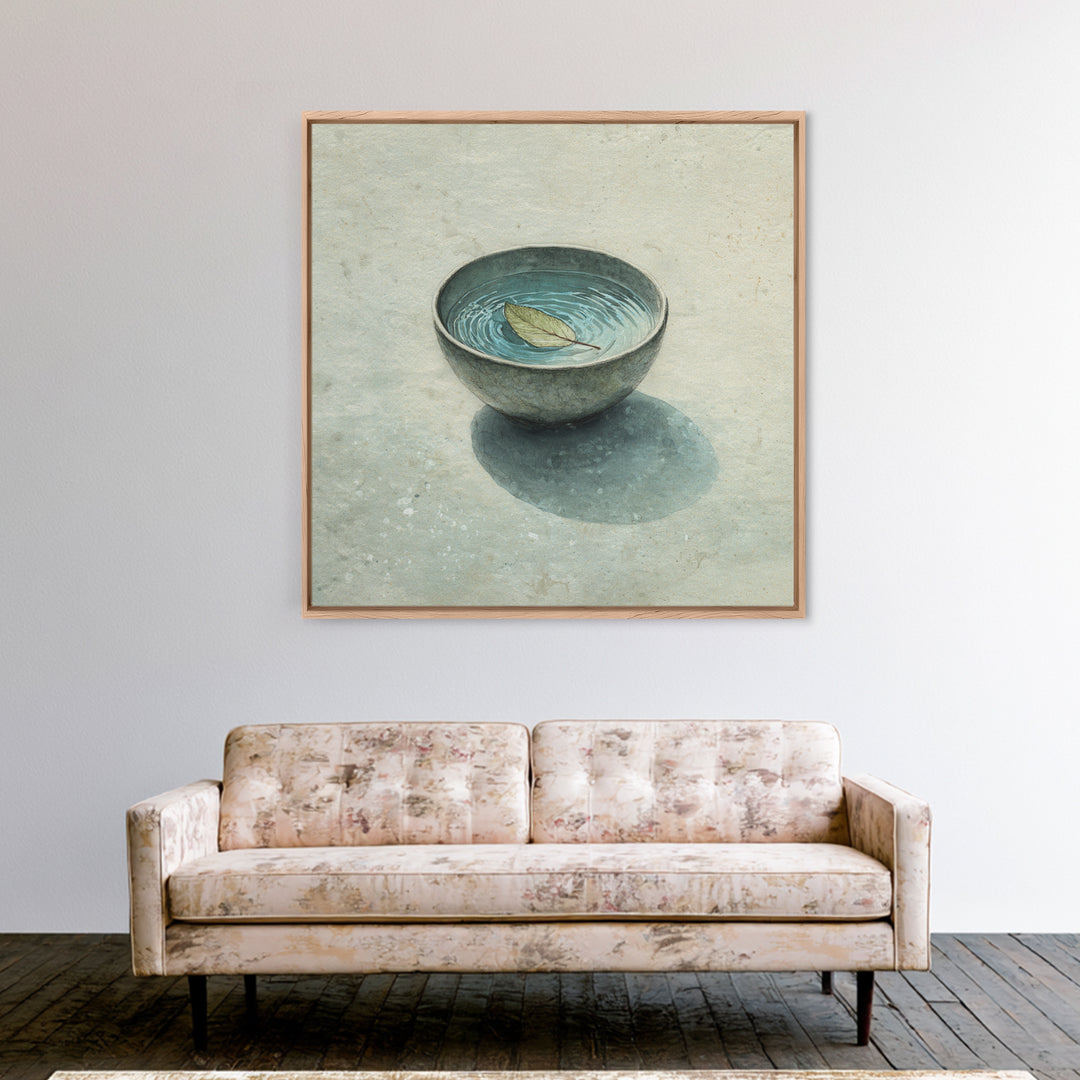 Minimal Tea Bowl With Floating Leaf Watercolor Wall Art, Wabi Sabi Zen Canvas Print, Serene Japanese Inspired Decor