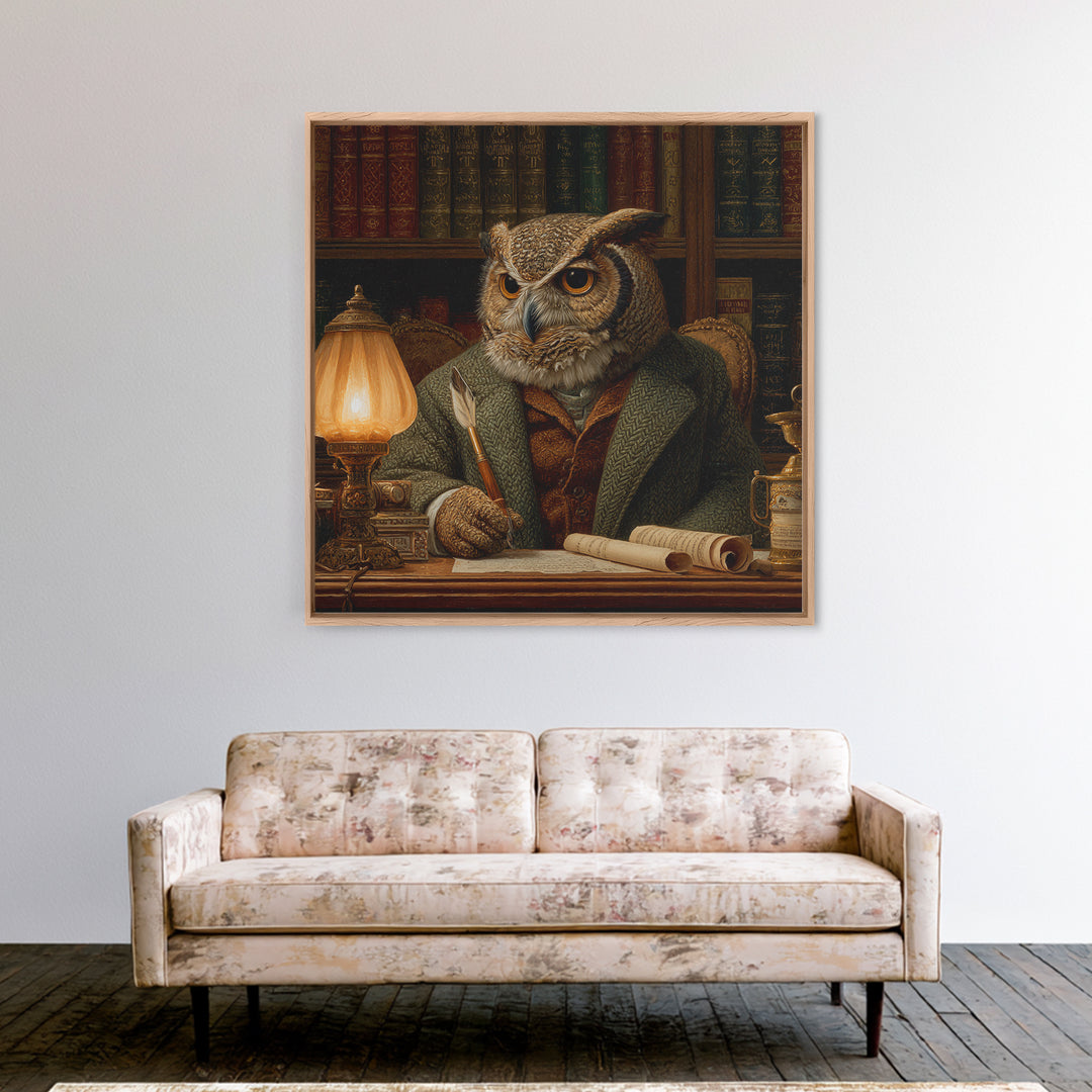 Scholar Owl In Antique Library Canvas Print, Whimsical Animal Wall Art, Dark Academia Office Decor, Book Lover Gift For Readers