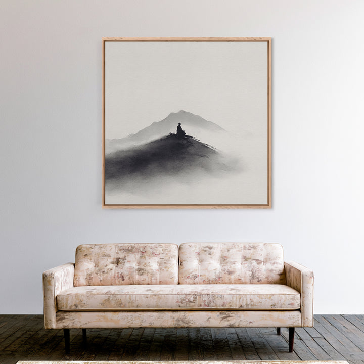 Minimalist Black And White Ink Landscape With Misty Mountains Wall Art Canvas Print For Modern Decor