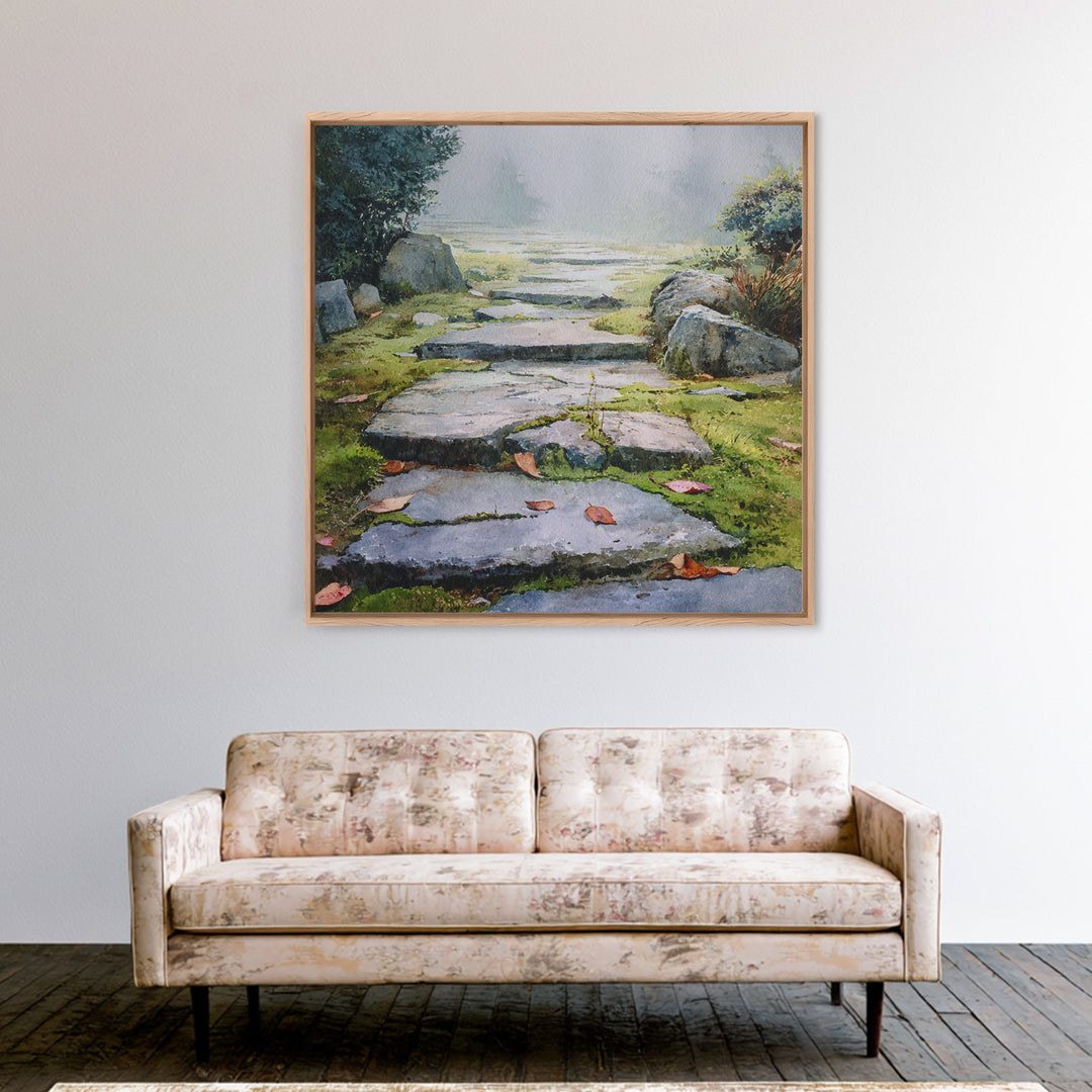 Misty Stone Garden Path Watercolor Wall Art, Serene Landscape Painting, Zen Home Decor, Wabi Sabi Neutral Canvas Print