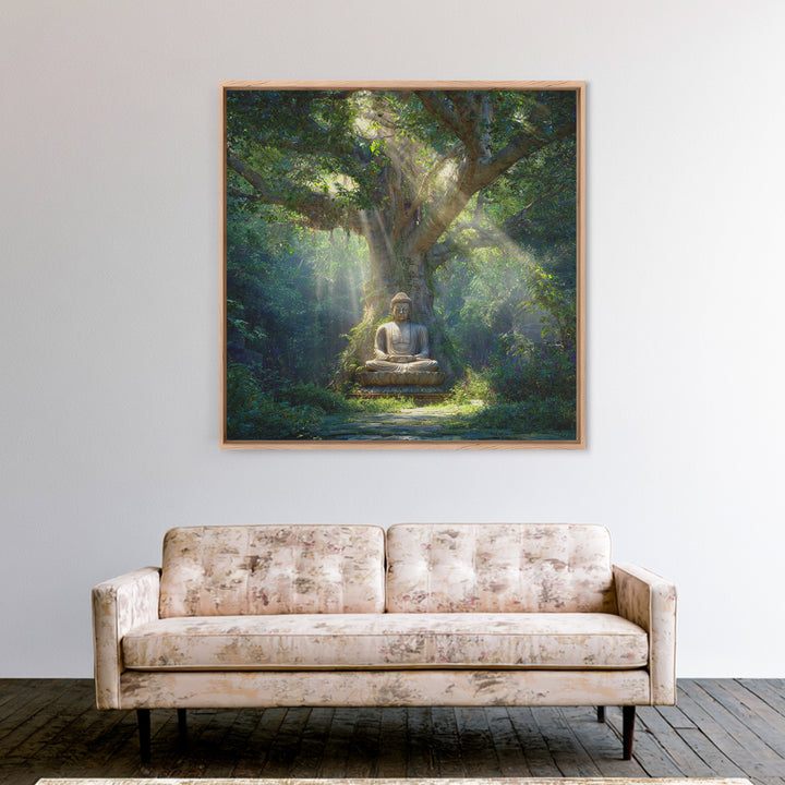 Serene Forest Buddha Statue Under Sacred Tree Wall Art Spiritual Nature Canvas Print Zen Meditation Room Decor Calming Artwork