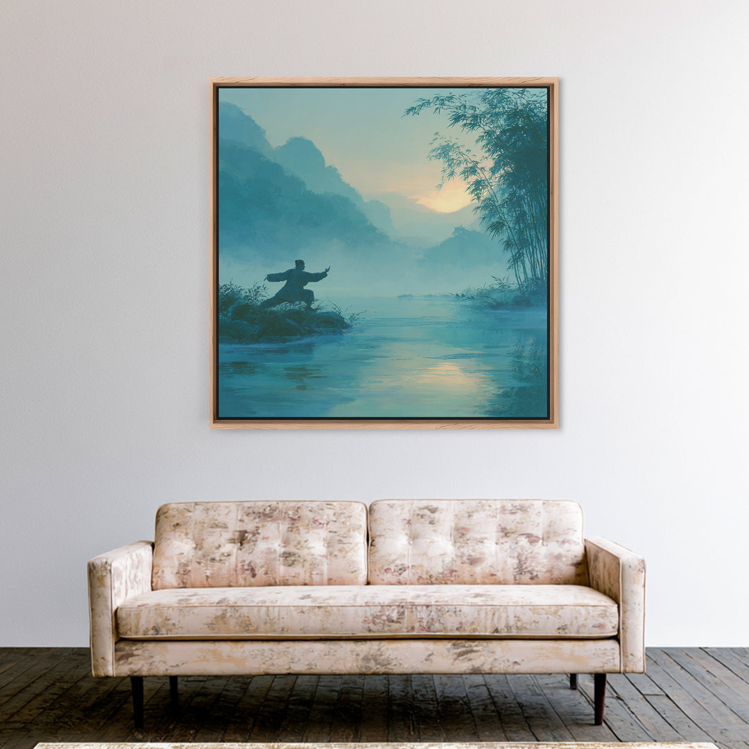 Martial Artist By Misty River At Sunrise Wall Art, Serene Zen Landscape Canvas Print, Calming Nature Home Decor Painting